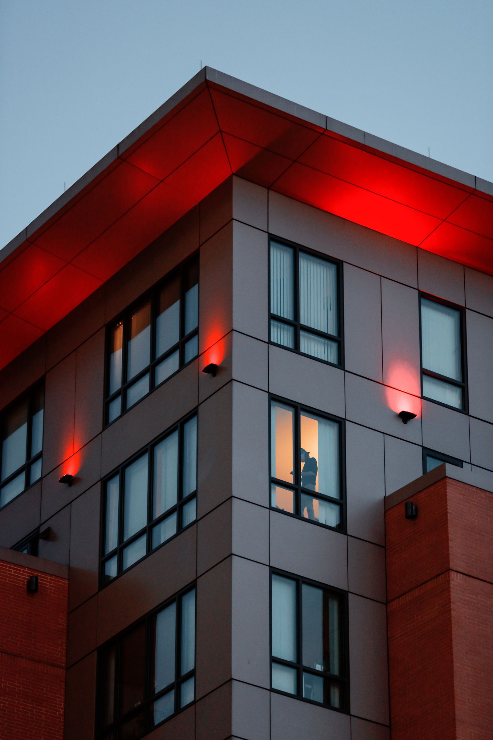 Commercial building with red accent lighting